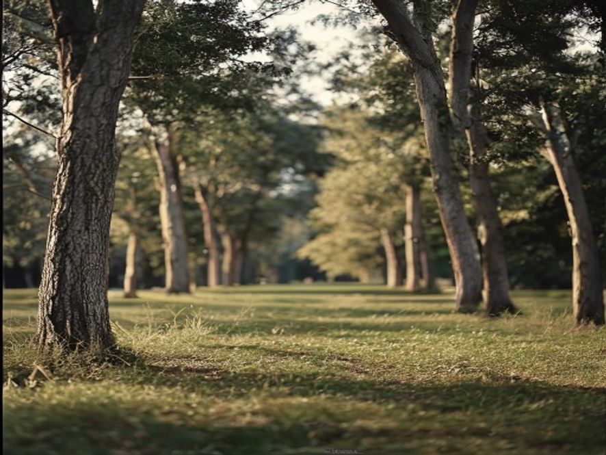 Park område med træer og grøn græsplæne